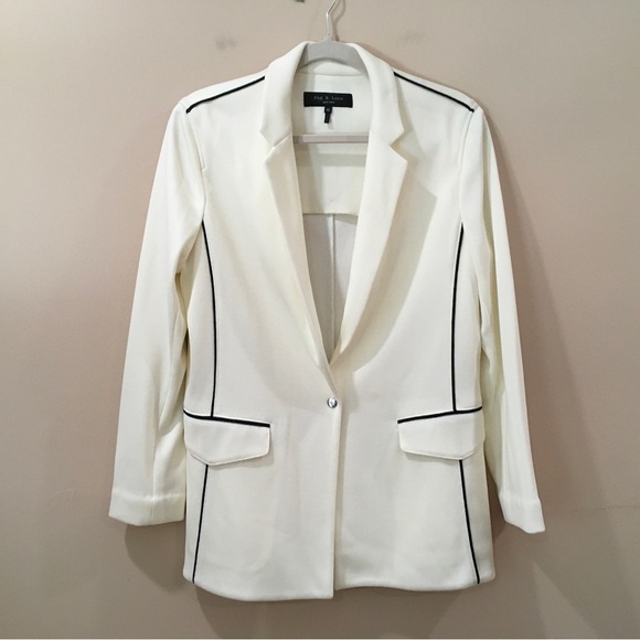 Rag&bone Sandrine Knit Blazer Womens 10 Ivory Off White Black Piping Classic New - Picture 2 of 10